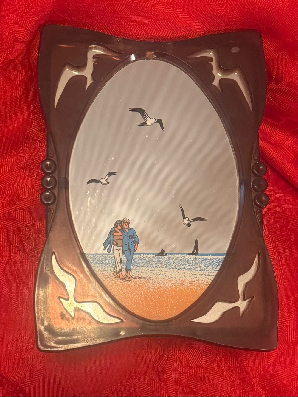 Vintage 1970 Seaside musical mirror Wall Plaque - Brown